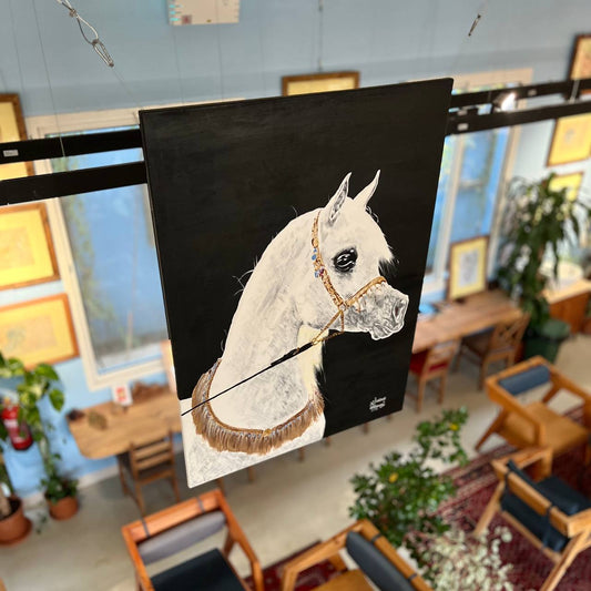 Artwork (Acrylic on canvas (2018) and words by Hussain Ibn Ahmed (2018). Title of canvas: Wounded Steed.